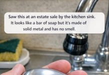 Saw this at an estate sale by the kitchen sink. It looks like a bar of soap but it’s made of solid metal and has no smell.