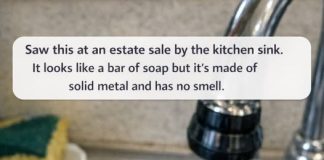 Saw this at an estate sale by the kitchen sink. It looks like a bar of soap but it’s made of solid metal and has no smell.