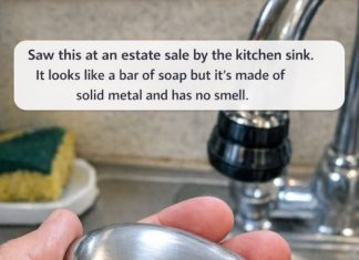 Saw this at an estate sale by the kitchen sink. It looks like a bar of soap but it’s made of solid metal and has no smell.