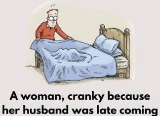 A WOMAN SNEAKS UNDERNEATH THE BED TO SPY ON HER HUSBAND.