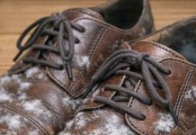 I pulled out shoes I haven’t worn all winter and found white fuzzy patches growing on the leather. What is this?